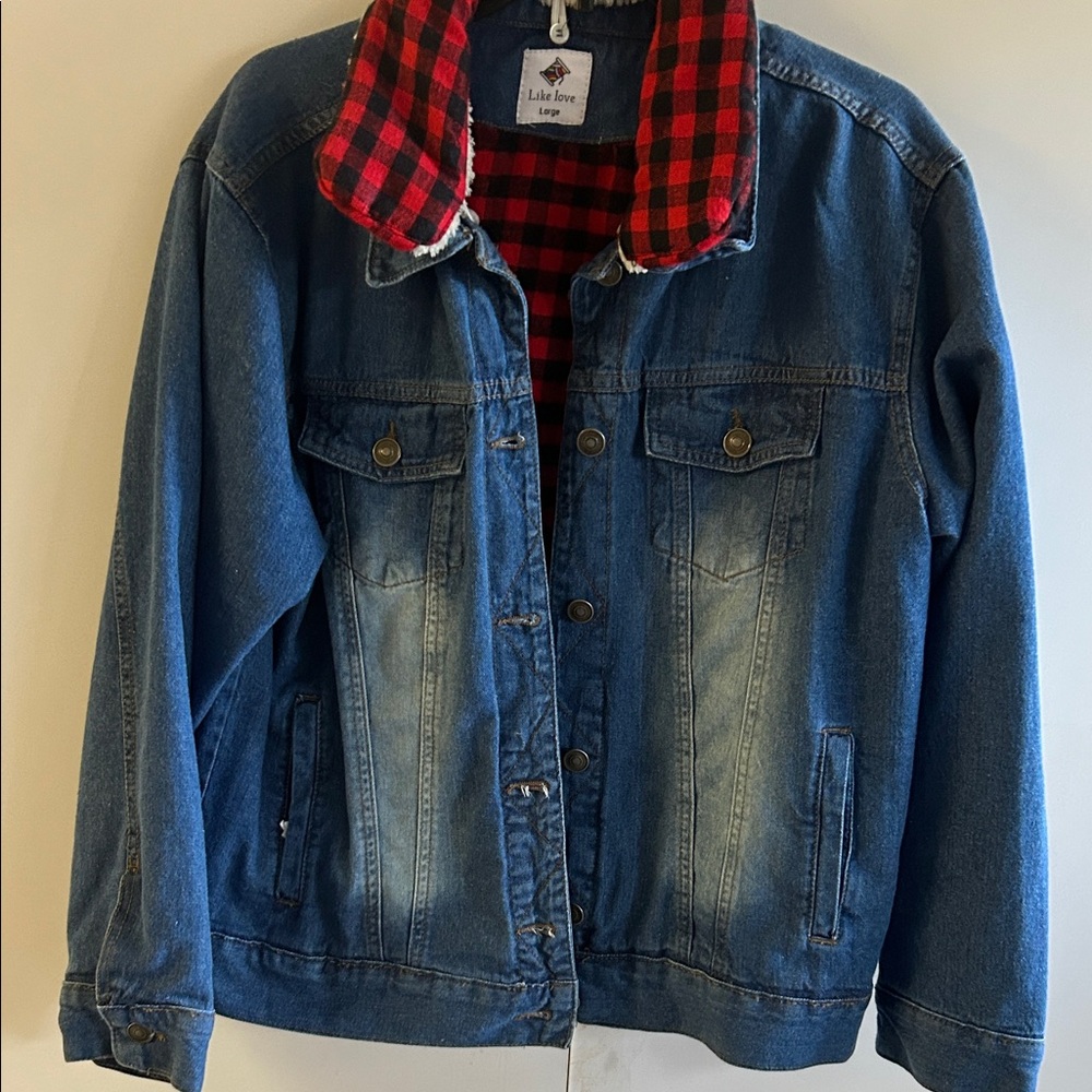 Women Denim Jacket with Red Plaid Lining